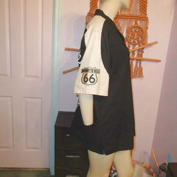 Ride or Die Highway To Hell Snap Shirt Mens Size L Skull Flame Patches Camp Goth - Picture 7 of 11